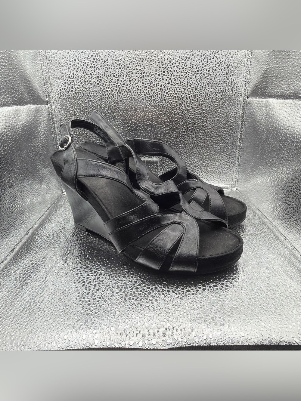 Aerology Black Strappy Wedge Sandals